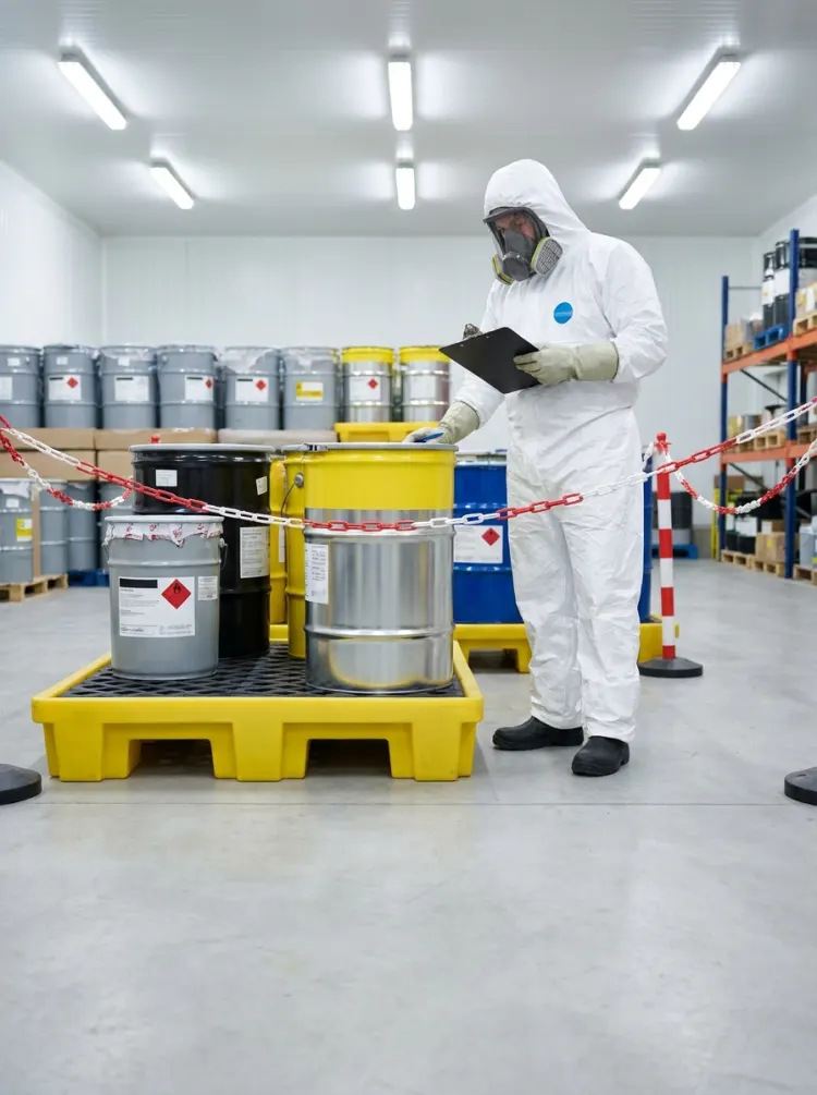 Contenitori etichettati per rifiuti pericolosi in deposito