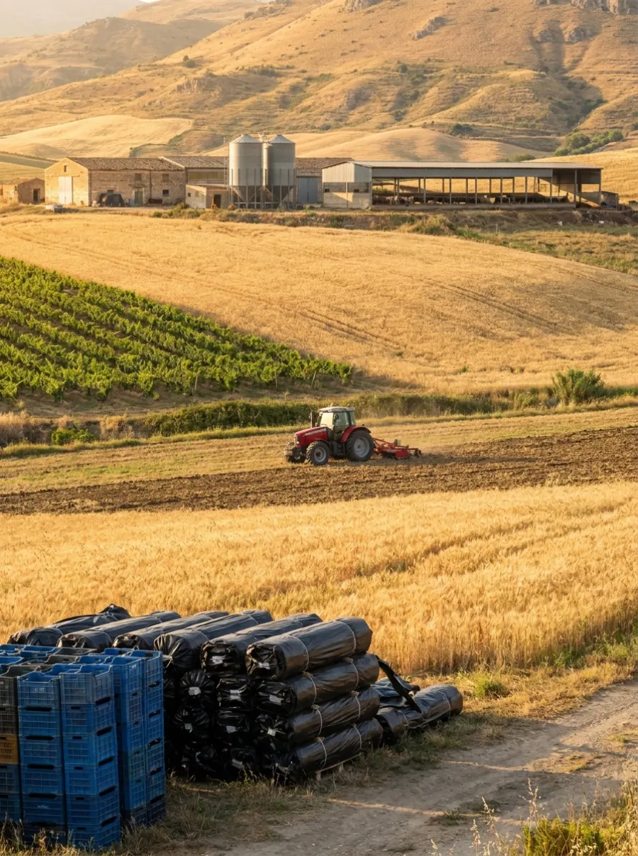 Azienda agricola siciliana con campi coltivati, silos e stalle